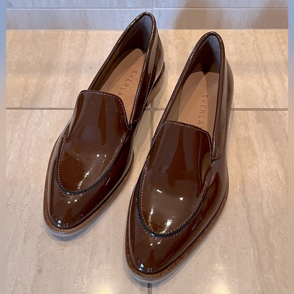 Everlane patent leather loafers, caramel